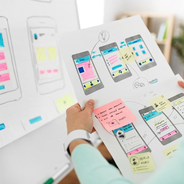 A ui/ux designer looking at the paper work of ui ux mobile designs.