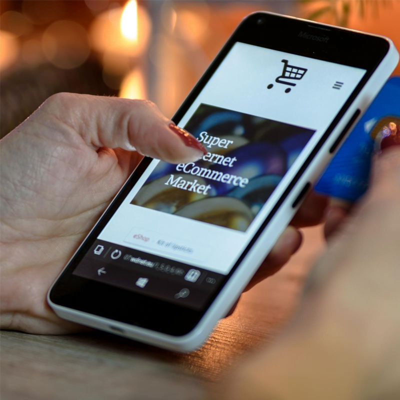 Person holding a cell phone with a credit card, shopping on an ecommerce website.