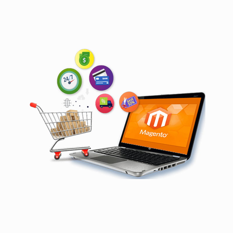 Magento 2 Shopping cart on a laptop, symbolizing Magento ecommerce development.